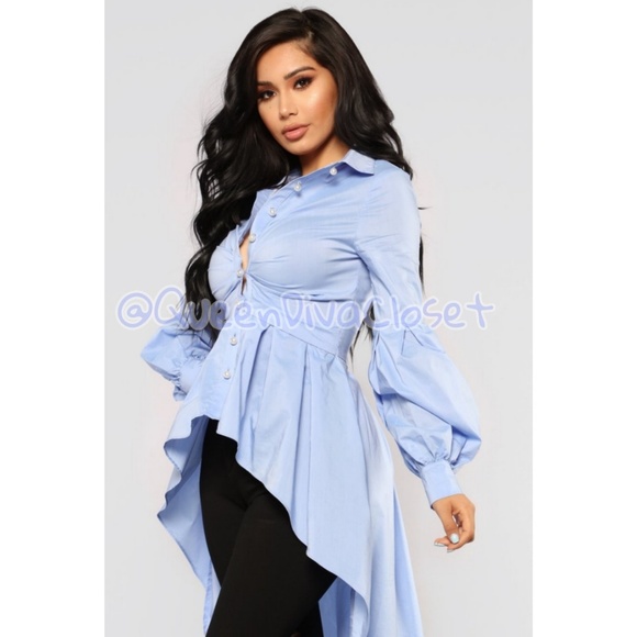 Hi lo blue peplum button shirt blouse long sleeve - Picture 3 of 9